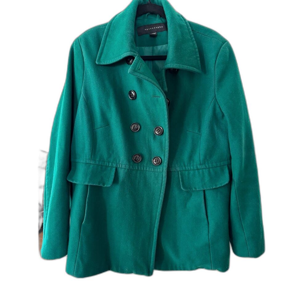Emerald Green Apostrophe Wool Peacoat, Academic Preppy Plus Size Coat 16-18W - Picture 2 of 12